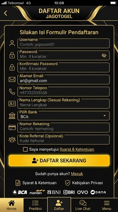 Tampilan halaman daftar jagotogel